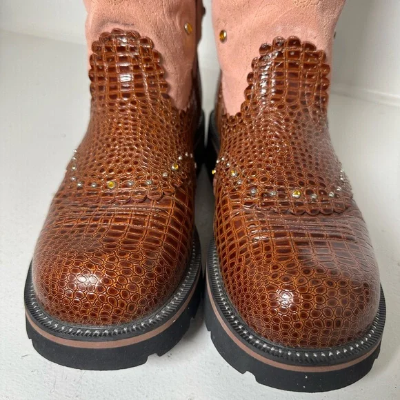 Ariat Fatbaby Boots Women’s 8B Brown Croc Embossed & Pink Leather Western Work - Picture 3 of 9